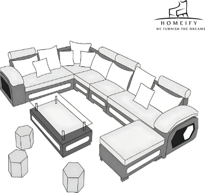 Homeify Carlo 9 Seater Fabric Sofa Set with 4-Puffy Convertible Sofa Set for Living Room Fabric 3 + 3 + 2 + 2 Sofa Set  (Light Blue, Pre-assembled)