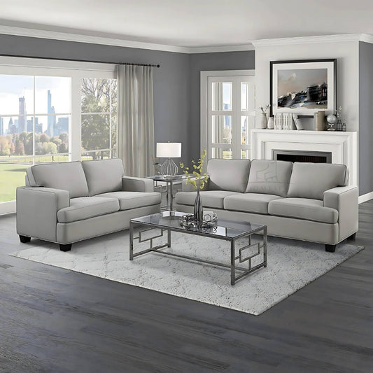 Homeify Wood Foster Fabric 5 Seater Living Room Sofa Set Fabric 3 + 2 Sofa Set  (Grey, Pre-assembled)