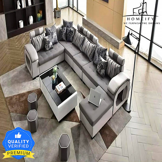 Homeify Carlo 9 Seater Fabric Sofa Set with 4-Puffy Convertible Sofa Set for Living Room Fabric 9 Seater Sofa  (Finish Color - Grey&White, DIY(Do-It-Yourself))
