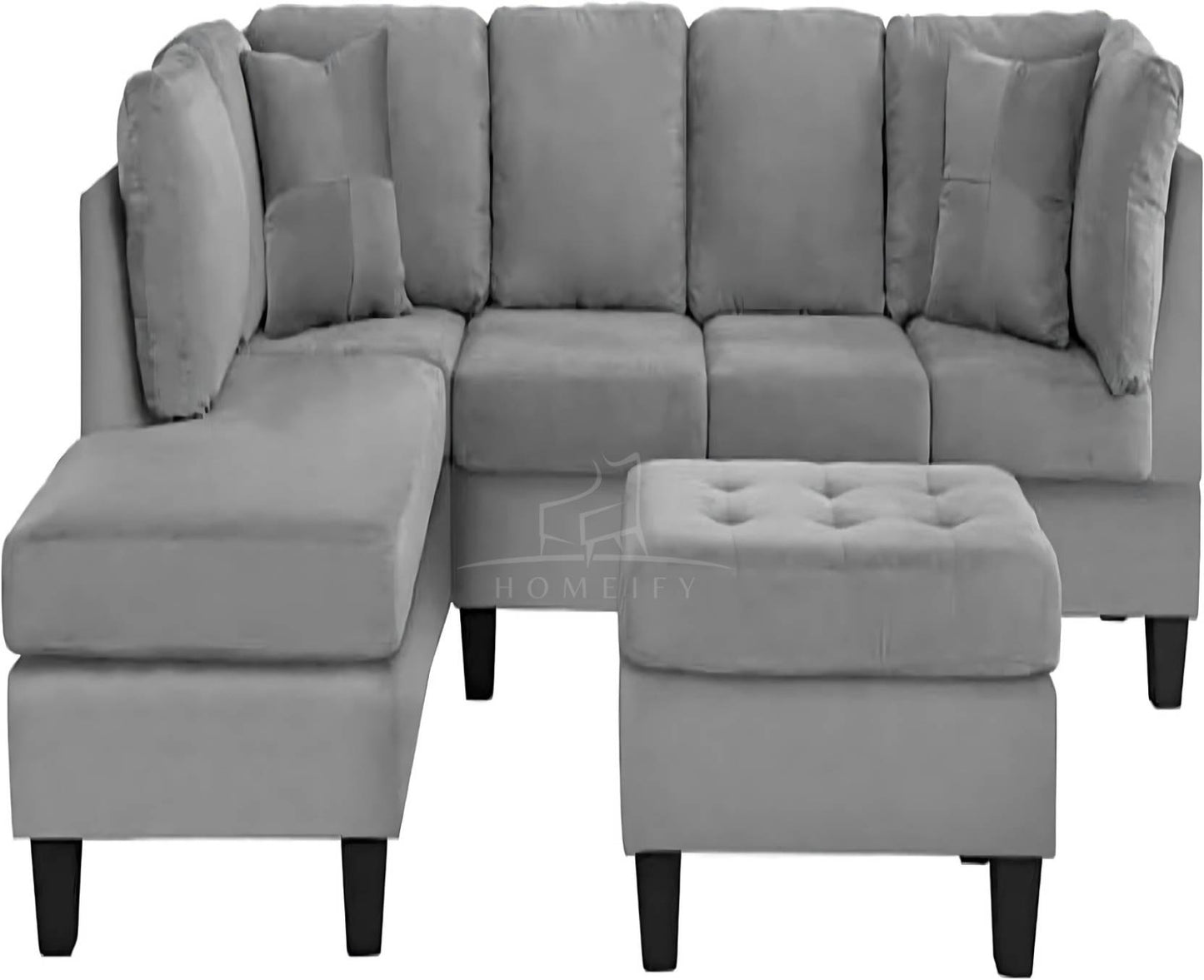 Homeify Oliver 5 Seater Sofa Upholstered Chaise Sectional with Ottoman Fabric 3 + 2 Sofa Set  (Grey, Pre-assembled)