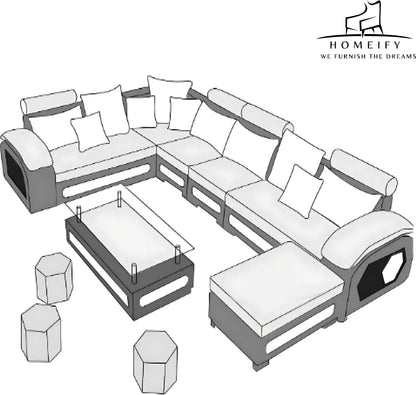 Homeify Carlo 9 Seater Fabric Sofa Set with 4-Puffy Convertible Sofa Set for Living Room Fabric 3 + 3 + 2 + 2 Sofa Set  (Black, Pre-assembled)