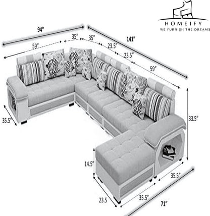 Homeify Carlo 9 Seater Fabric Sofa Set with 4-Puffy Convertible Sofa Set for Living Room Fabric 3 + 3 + 2 + 2 Sofa Set  (Light Blue, Pre-assembled)