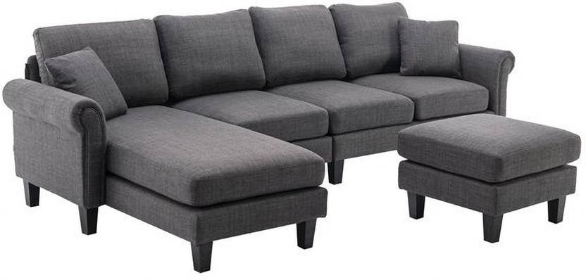 Homeify Reba Upholstered Chaise Sectional with Ottoman Fabric 6 Seater  Sofa  (Finish Color - Dark Grey, DIY(Do-It-Yourself)