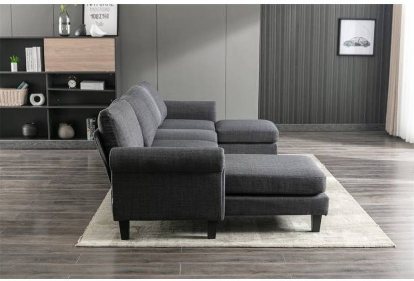 Homeify Reba Upholstered Chaise Sectional with Ottoman Fabric 6 Seater  Sofa  (Finish Color - Dark Grey, DIY(Do-It-Yourself)