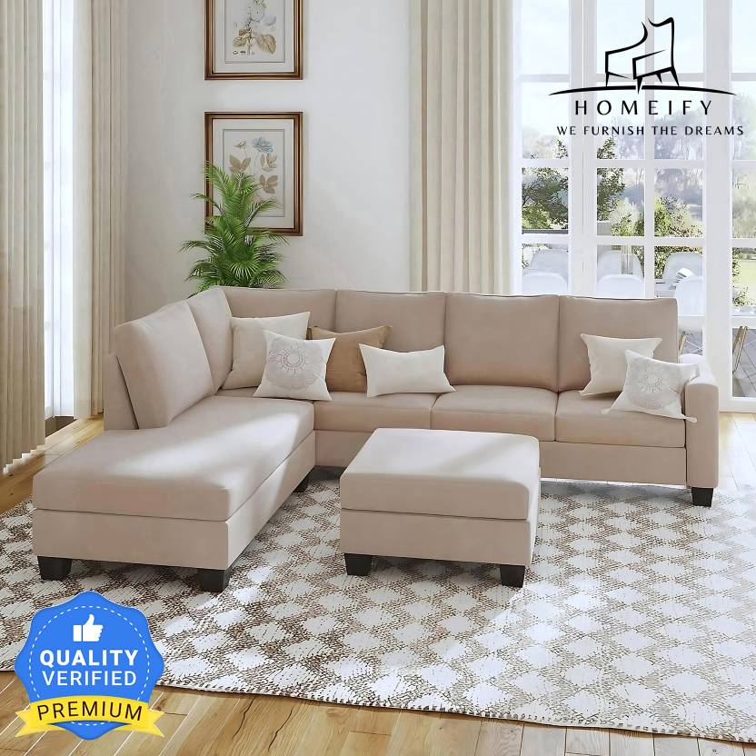 Homeify Atlantic Fabric 5- to 6-Person Sofa L Shape Sofa Set for Living Room Fabric 6 Seater  Sofa  (Finish Color - Beige, DIY(Do-It-Yourself)