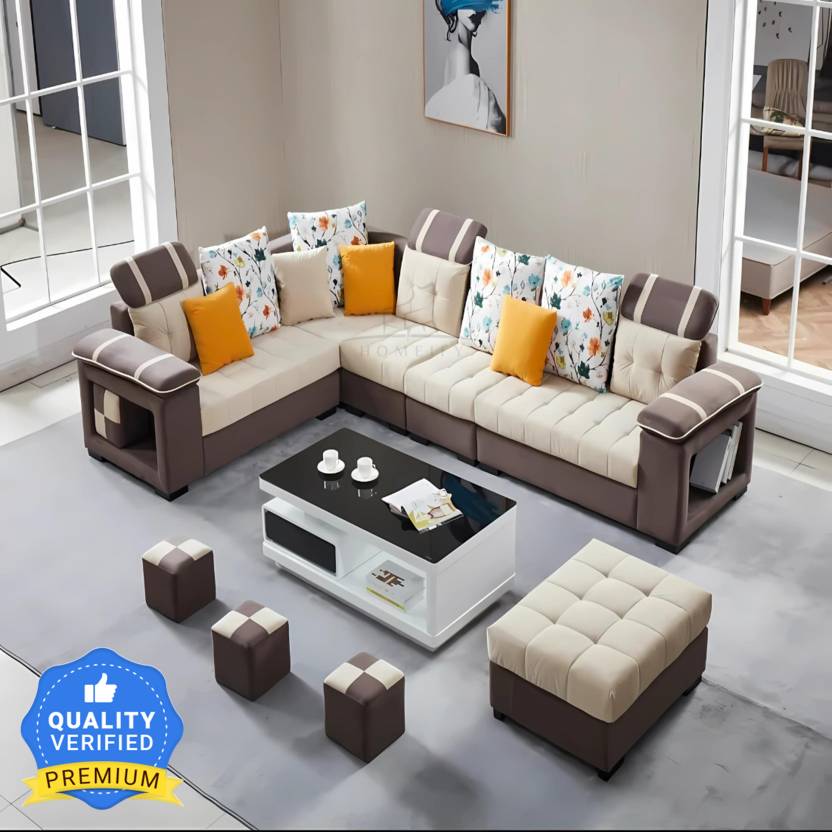 Homeify Carlo 9 Seater Fabric Sofa Set with 4-Puffy Convertible Sofa Set for Living Room Fabric 9 Seater  Sofa  (Finish Color - Beige & Brown, DIY(Do-It-Yourself)