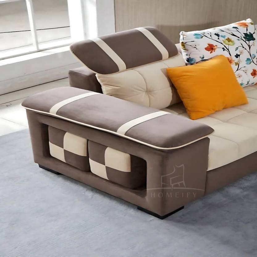 Homeify Carlo 9 Seater Fabric Sofa Set with 4-Puffy Convertible Sofa Set for Living Room Fabric 9 Seater  Sofa  (Finish Color - Beige & Brown, DIY(Do-It-Yourself)