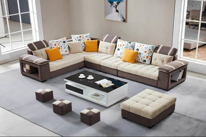 Homeify Carlo 9 Seater Fabric Sofa Set with 4-Puffy Convertible Sofa Set for Living Room Fabric 9 Seater  Sofa  (Finish Color - Beige & Brown, DIY(Do-It-Yourself)