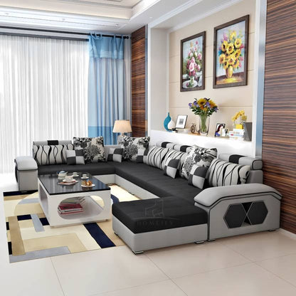 Homeify Carlo 9 Seater Fabric Sofa Set with 4-Puffy Convertible Sofa Set for Living Room Fabric 9 Seater  Sofa  (Finish Color - Black & Light Grey, DIY(Do-It-Yourself)