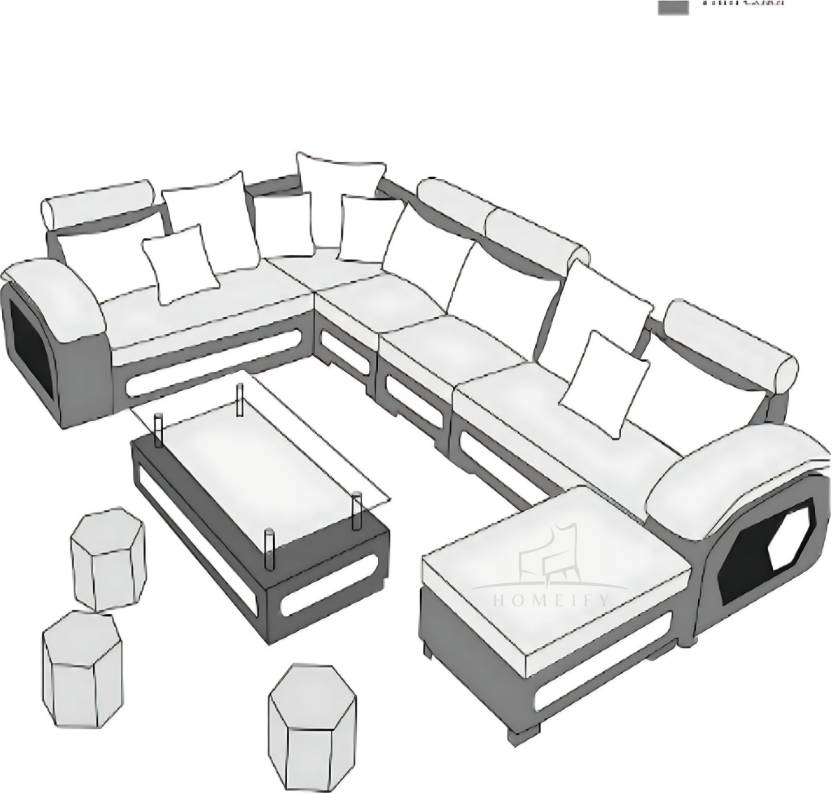 Homeify Carlo 9 Seater Fabric Sofa Set with 4-Puffy Convertible Sofa Set for Living Room Fabric 9 Seater  Sofa  (Finish Color - Black & Light Grey, DIY(Do-It-Yourself)