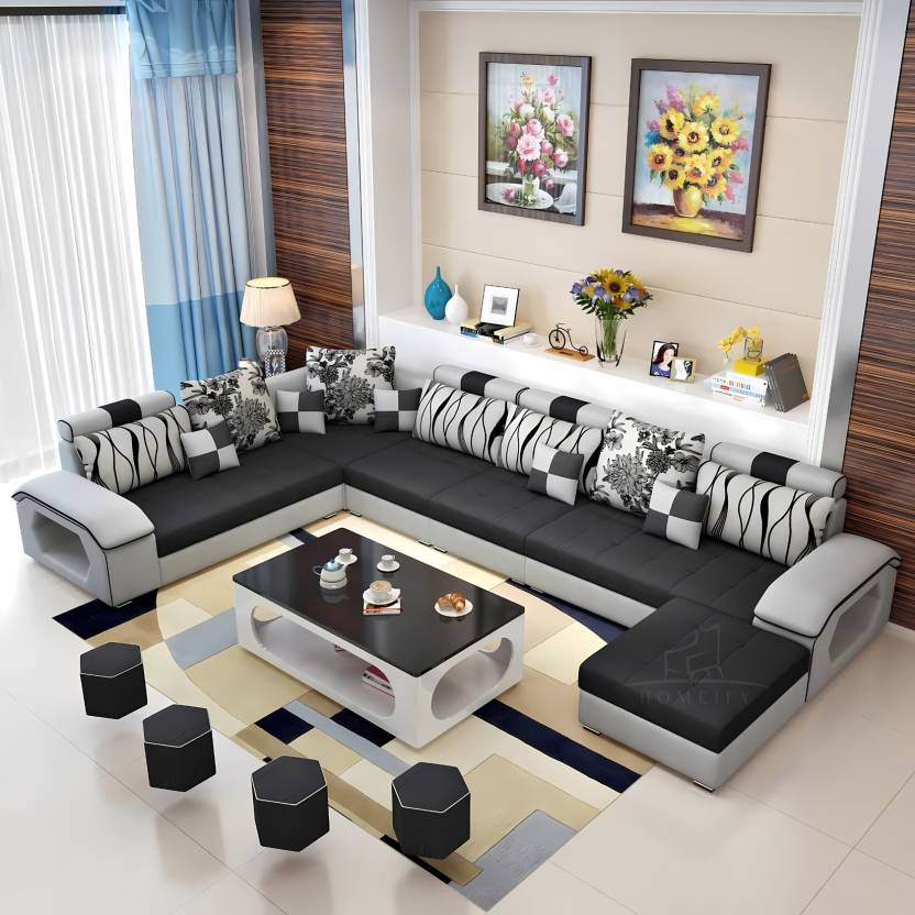 Homeify Carlo 9 Seater Fabric Sofa Set with 4-Puffy Convertible Sofa Set for Living Room Fabric 9 Seater  Sofa  (Finish Color - Black & Light Grey, DIY(Do-It-Yourself)