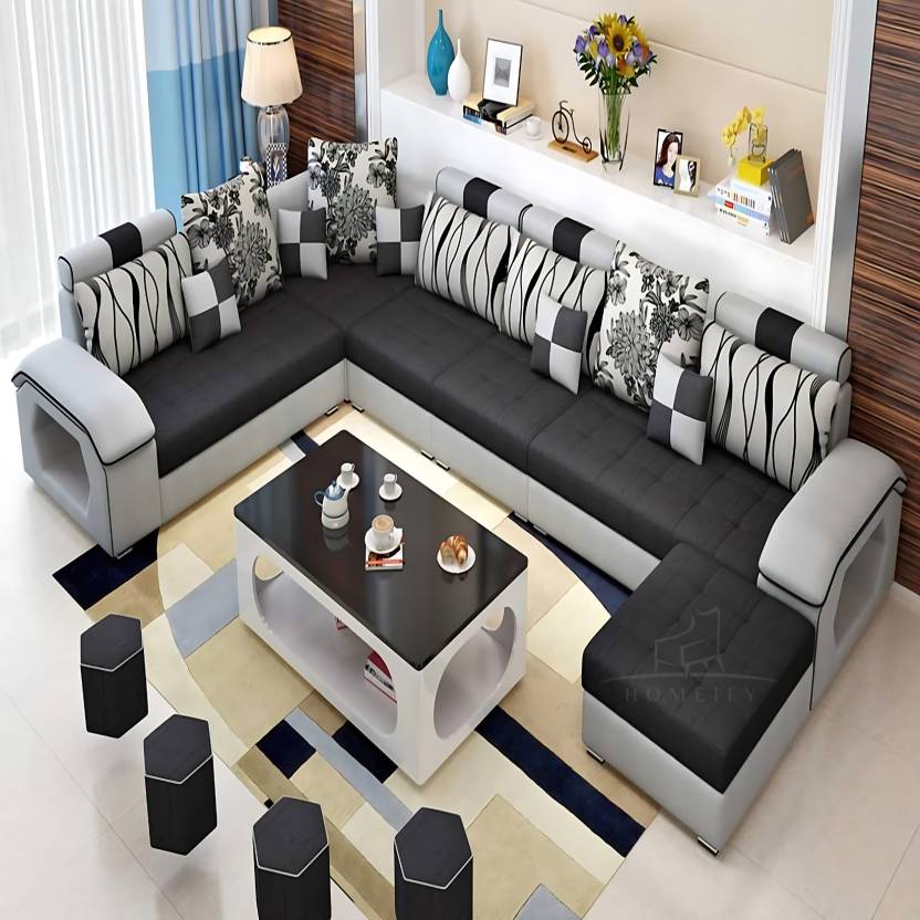 Homeify Carlo 9 Seater Fabric Sofa Set with 4-Puffy Convertible Sofa Set for Living Room Fabric 9 Seater  Sofa  (Finish Color - Black & Light Grey, DIY(Do-It-Yourself)