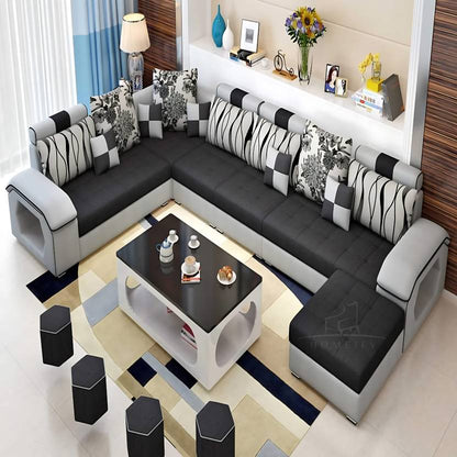 Homeify Carlo 9 Seater Fabric Sofa Set with 4-Puffy Convertible Sofa Set for Living Room Fabric 9 Seater  Sofa  (Finish Color - Black & Light Grey, DIY(Do-It-Yourself)