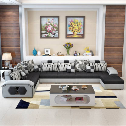 Homeify Carlo 9 Seater L-Shaped Sectional Sofa with Ottoman for Living Room Fabric 3 + 2 + 2 + 1 Sofa Set  (Black/Grey, Pre-assembled)