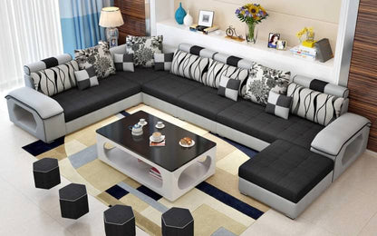 Homeify Carlo 9 Seater L-Shaped Sectional Sofa with Ottoman for Living Room Fabric 3 + 2 + 2 + 1 Sofa Set  (Black/Grey, Pre-assembled)