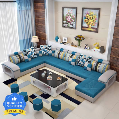 Homeify Carlo 9 Seater Fabric Sofa Set with 4-Puffy Convertible Sofa Set for Living Room Fabric 9 Seater  Sofa  (Finish Color - Blue / Gray, DIY(Do-It-Yourself)